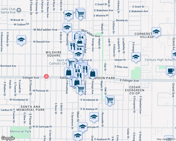map of restaurants, bars, coffee shops, grocery stores, and more near 1422 Orange Avenue in Santa Ana