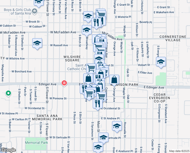 map of restaurants, bars, coffee shops, grocery stores, and more near 109 West Borchard Avenue in Santa Ana