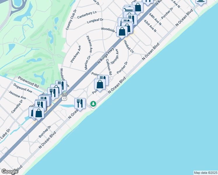 map of restaurants, bars, coffee shops, grocery stores, and more near 321 Poinsett Road in Myrtle Beach