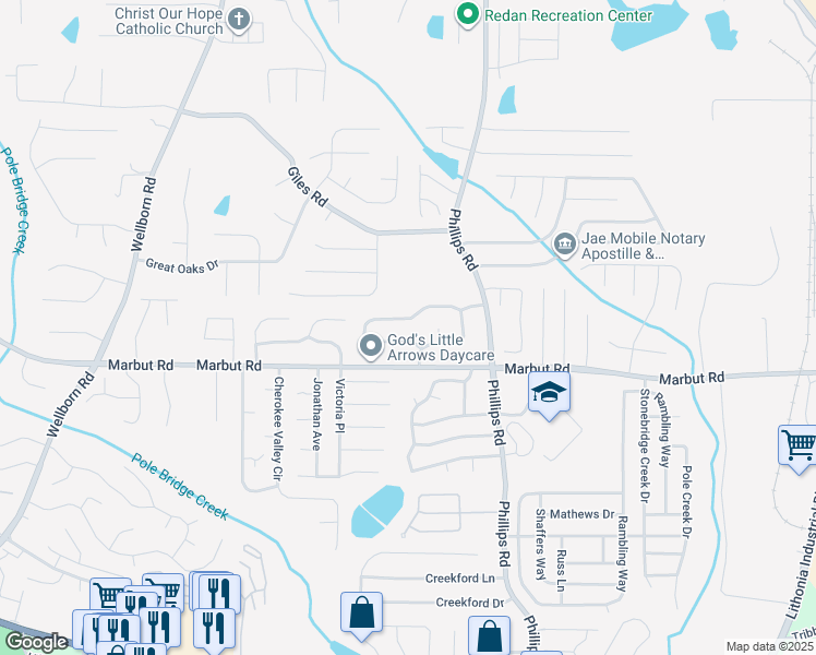 map of restaurants, bars, coffee shops, grocery stores, and more near 1980 Corners Circle in Lithonia