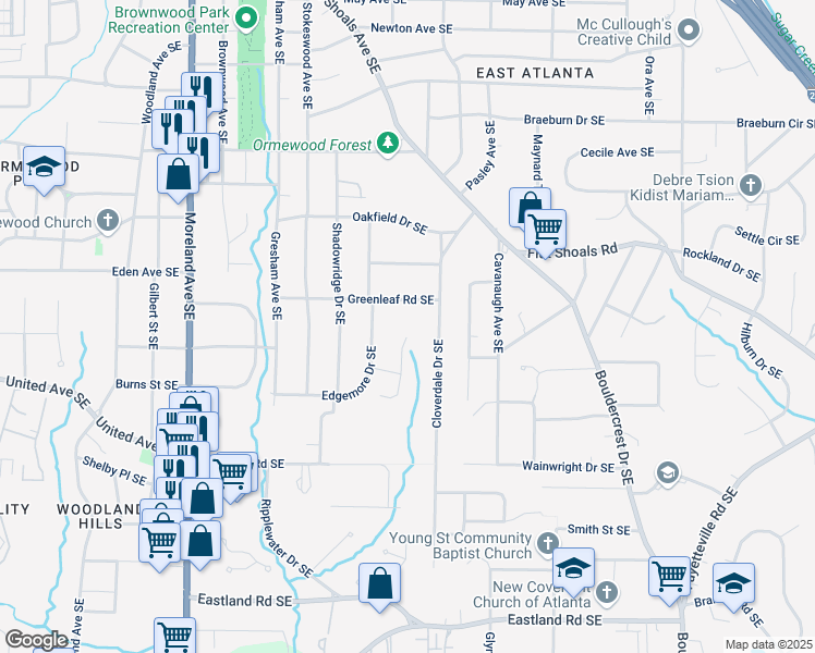 map of restaurants, bars, coffee shops, grocery stores, and more near 2139 Cedarbrook Court Southeast in Atlanta
