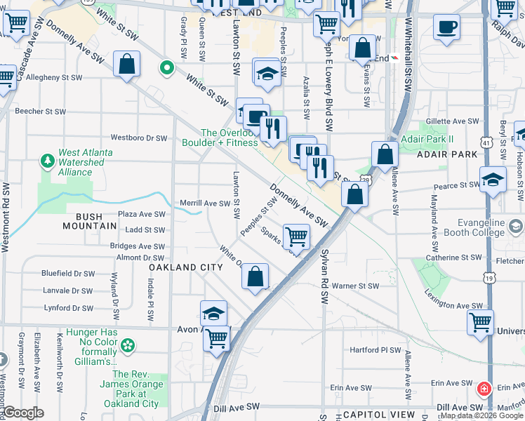 map of restaurants, bars, coffee shops, grocery stores, and more near 1016 Donnelly Avenue Southwest in Atlanta