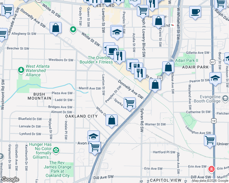 map of restaurants, bars, coffee shops, grocery stores, and more near 1016 Donnelly Avenue Southwest in Atlanta