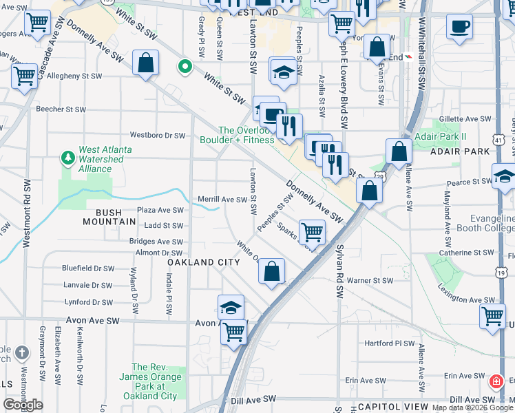 map of restaurants, bars, coffee shops, grocery stores, and more near 956 Lawton Street Southwest in Atlanta