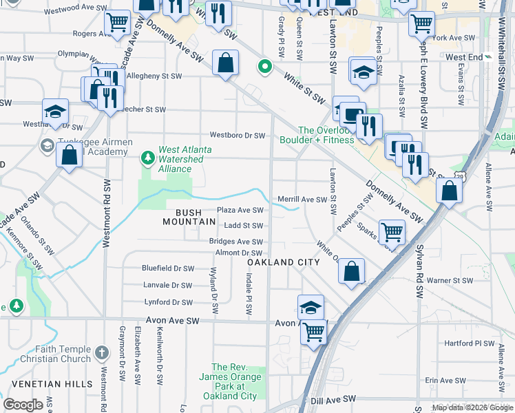 map of restaurants, bars, coffee shops, grocery stores, and more near 950 Oakland Drive Southwest in Atlanta
