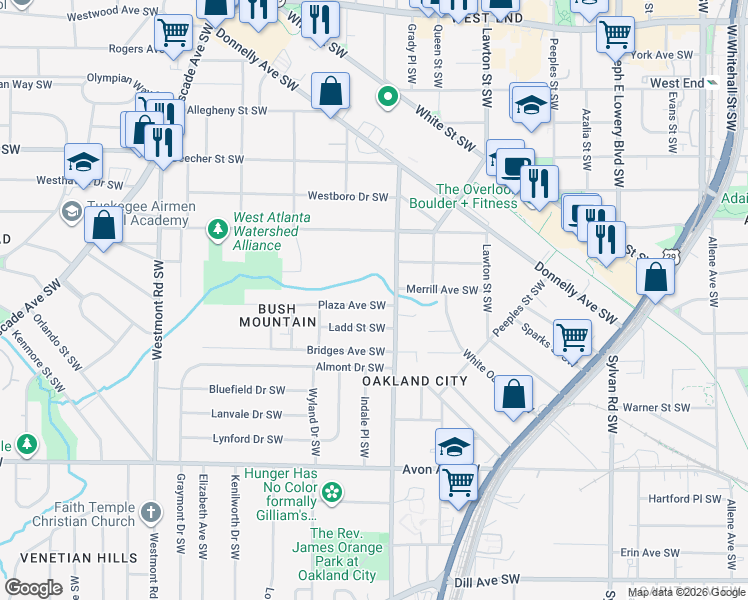map of restaurants, bars, coffee shops, grocery stores, and more near 950 Oakland Drive Southwest in Atlanta