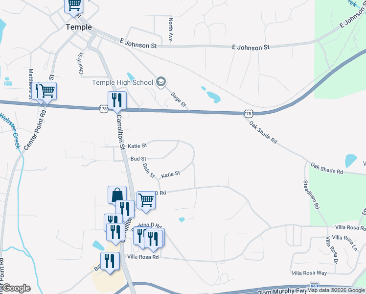 map of restaurants, bars, coffee shops, grocery stores, and more near 161 Katie Street in Temple