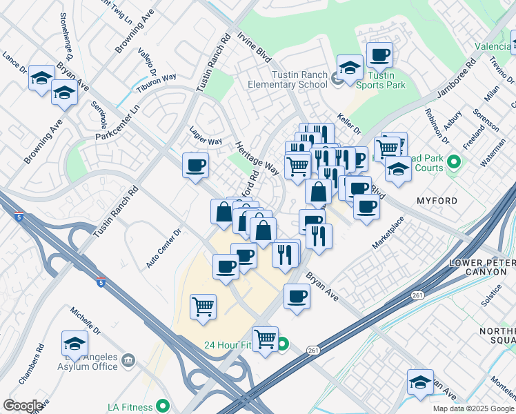 map of restaurants, bars, coffee shops, grocery stores, and more near 13445 Savanna in Tustin