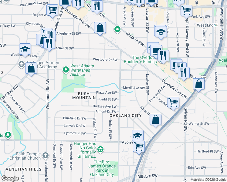 map of restaurants, bars, coffee shops, grocery stores, and more near 950 Oakland Drive Southwest in Atlanta