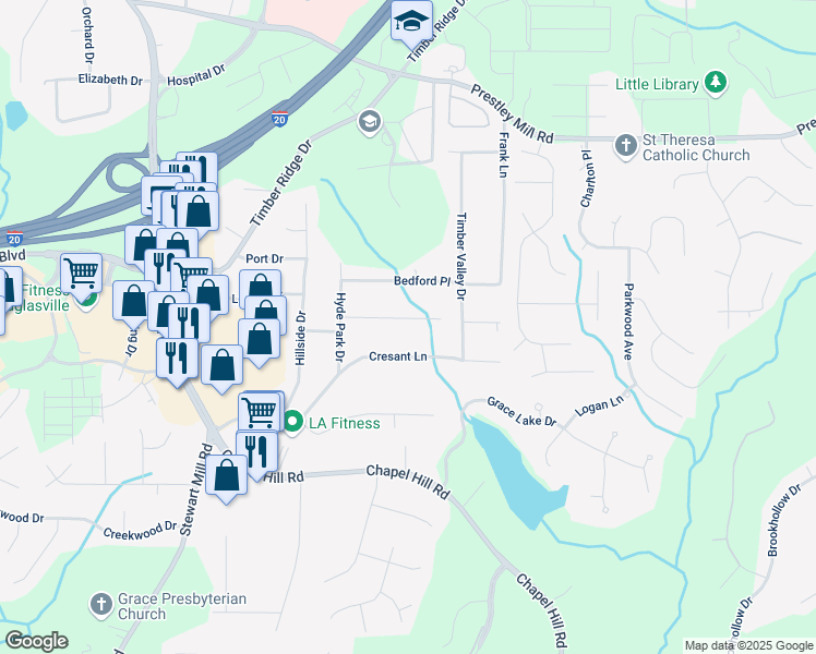 map of restaurants, bars, coffee shops, grocery stores, and more near 4642 Elmherst Drive in Douglasville
