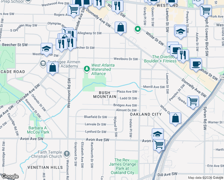 map of restaurants, bars, coffee shops, grocery stores, and more near 1354 Montreat Avenue Southwest in Atlanta