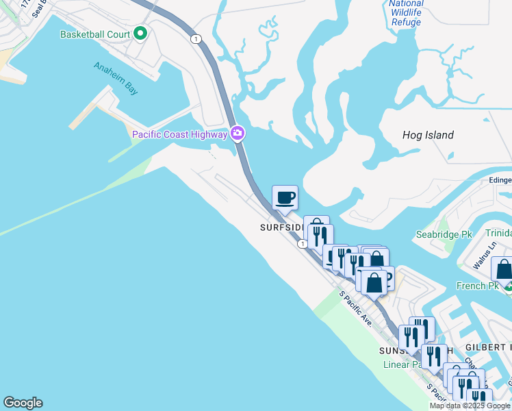 map of restaurants, bars, coffee shops, grocery stores, and more near 4 Pacific Coast Highway in Huntington Beach
