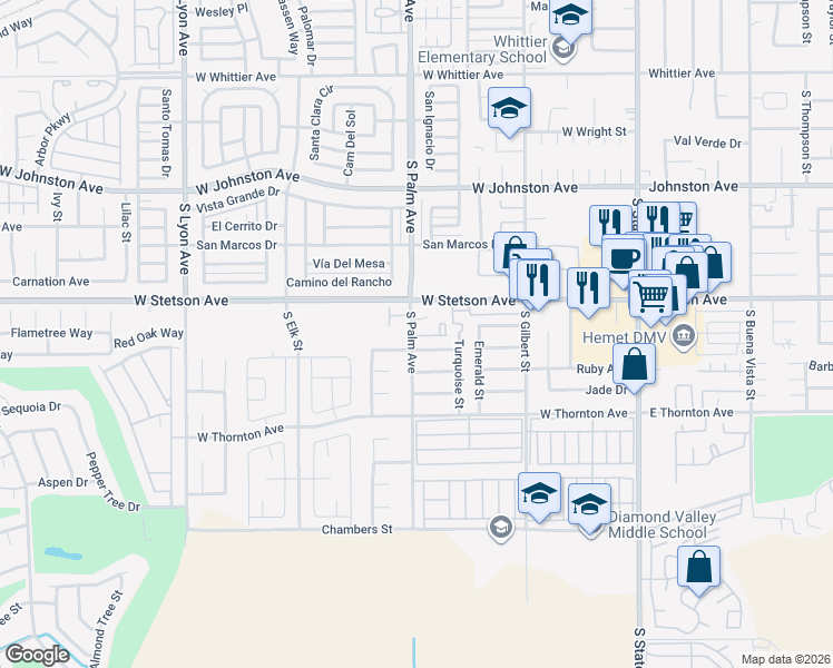 map of restaurants, bars, coffee shops, grocery stores, and more near 1150 South Palm Avenue in Hemet