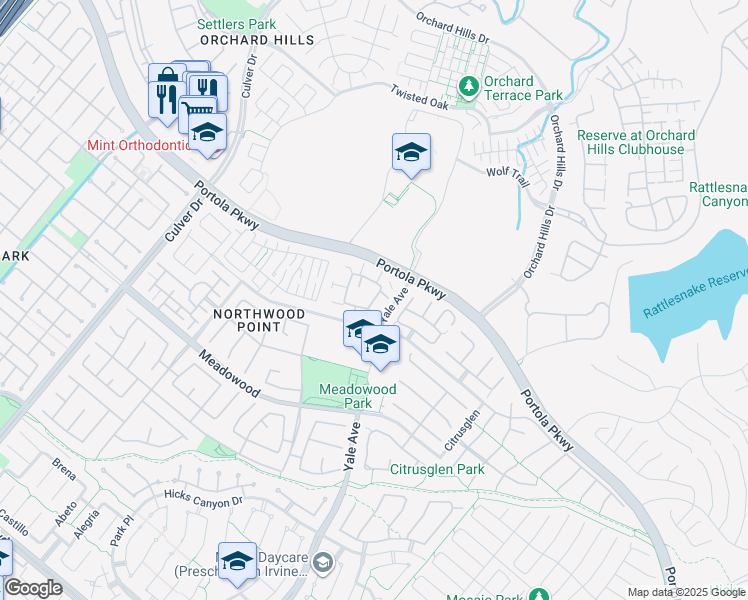 map of restaurants, bars, coffee shops, grocery stores, and more near Timberwood in Irvine