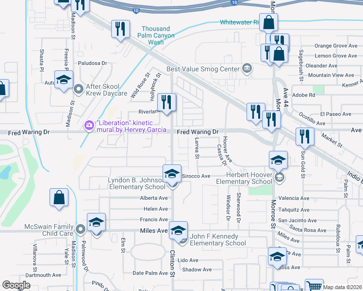 map of restaurants, bars, coffee shops, grocery stores, and more near in Indio