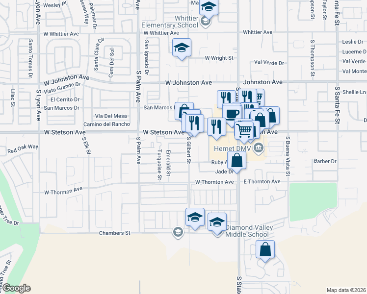 map of restaurants, bars, coffee shops, grocery stores, and more near 535 Onyx Avenue in Hemet