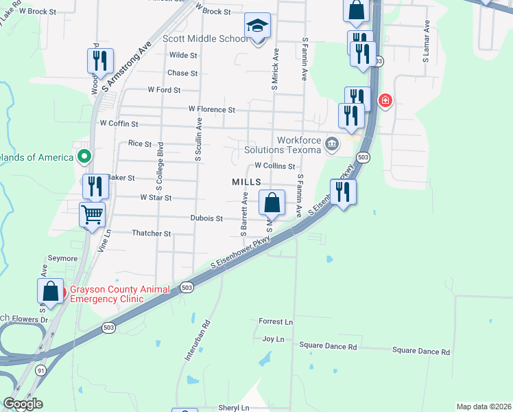 map of restaurants, bars, coffee shops, grocery stores, and more near 2729 South Mirick Avenue in Denison
