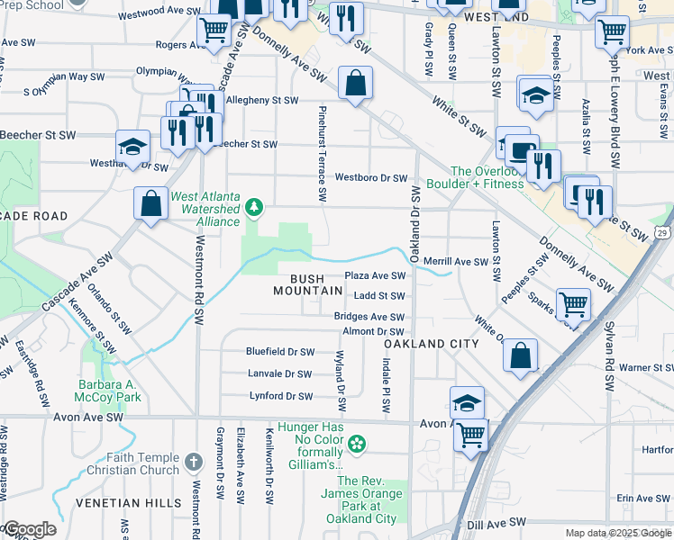 map of restaurants, bars, coffee shops, grocery stores, and more near 1321 Plaza Avenue Southwest in Atlanta