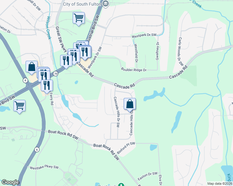 map of restaurants, bars, coffee shops, grocery stores, and more near 5350 Cascade Hills Circle Southwest in Atlanta