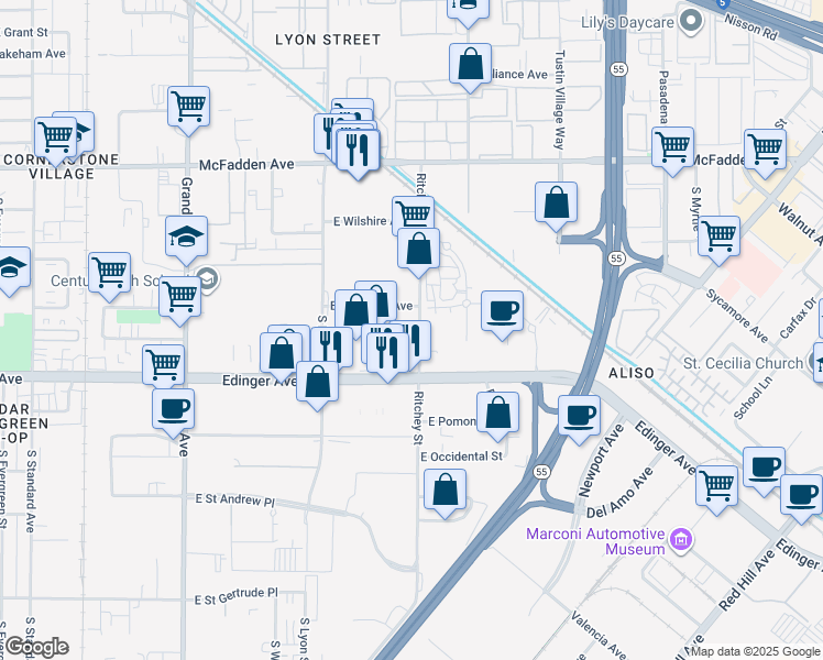 map of restaurants, bars, coffee shops, grocery stores, and more near 1810 E Borchard Ave in Santa Ana