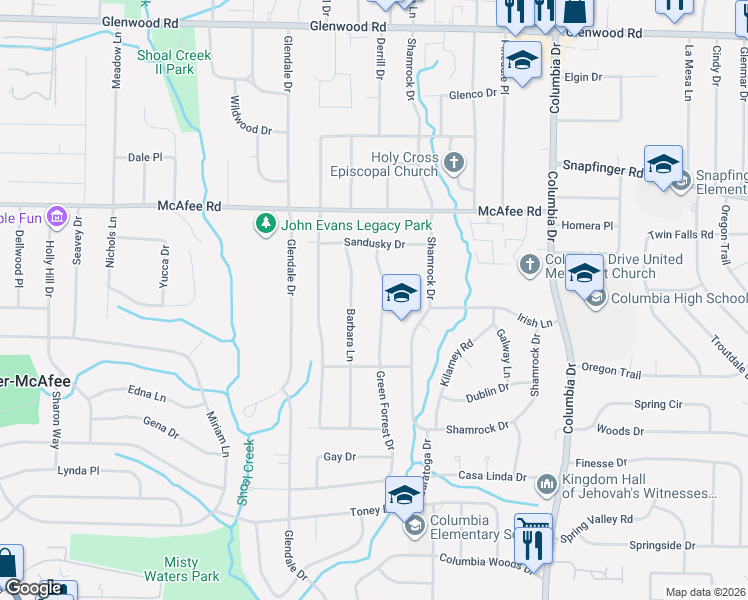 map of restaurants, bars, coffee shops, grocery stores, and more near 2083 Green Forrest Drive in Decatur