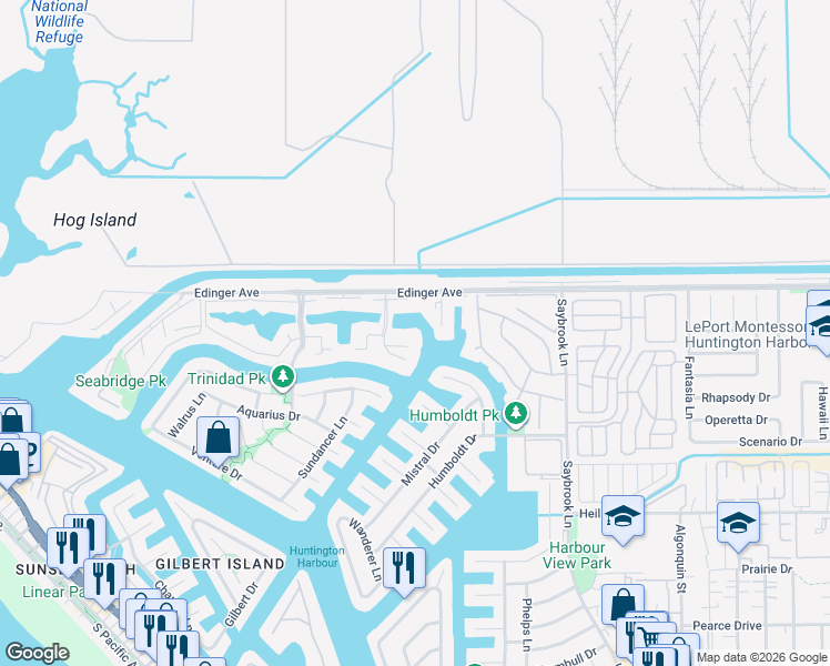 map of restaurants, bars, coffee shops, grocery stores, and more near 3889 Aruba Circle in Huntington Beach