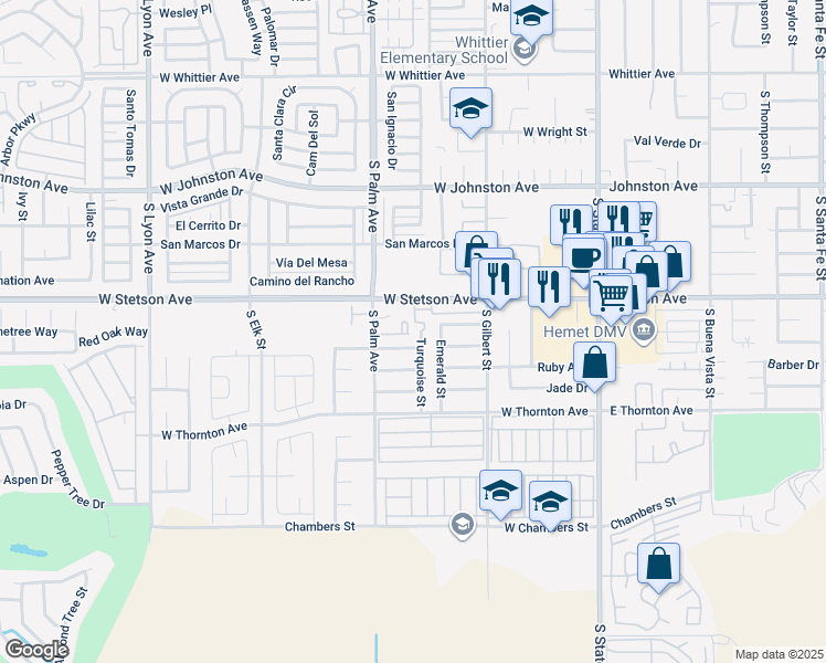 map of restaurants, bars, coffee shops, grocery stores, and more near 1149 Turquoise Street in Hemet