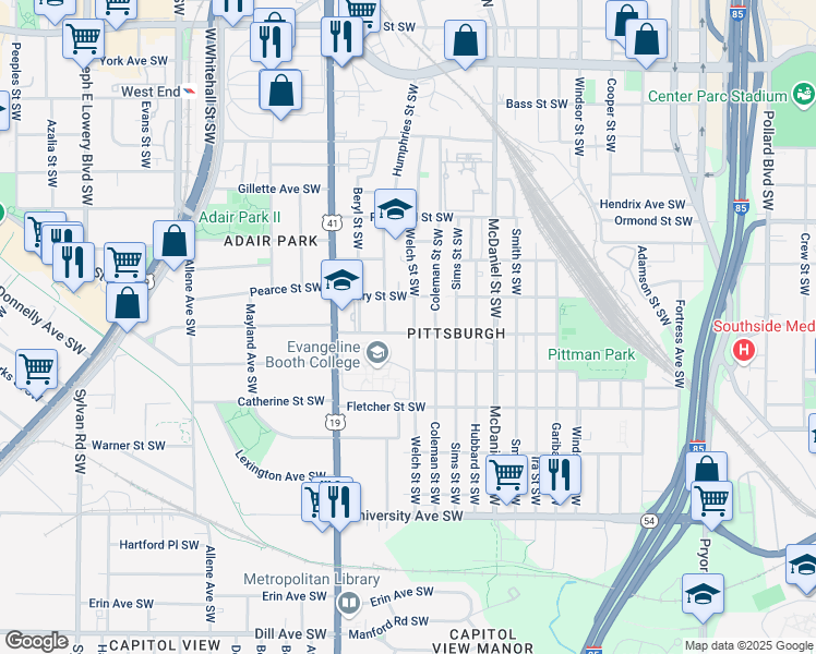 map of restaurants, bars, coffee shops, grocery stores, and more near 975 Welch Street Southwest in Atlanta