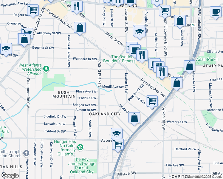 map of restaurants, bars, coffee shops, grocery stores, and more near 953 Hall Street Southwest in Atlanta