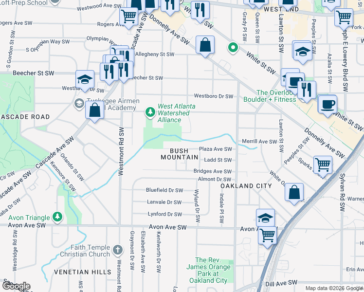 map of restaurants, bars, coffee shops, grocery stores, and more near 1354 Montreat Avenue Southwest in Atlanta