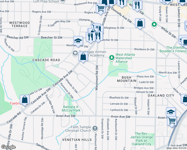 map of restaurants, bars, coffee shops, grocery stores, and more near 1528 Pineview Terrace Southwest in Atlanta
