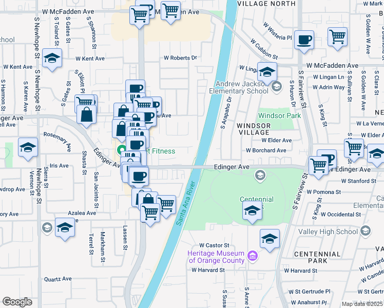 map of restaurants, bars, coffee shops, grocery stores, and more near 16186 Mount Gist Circle in Fountain Valley