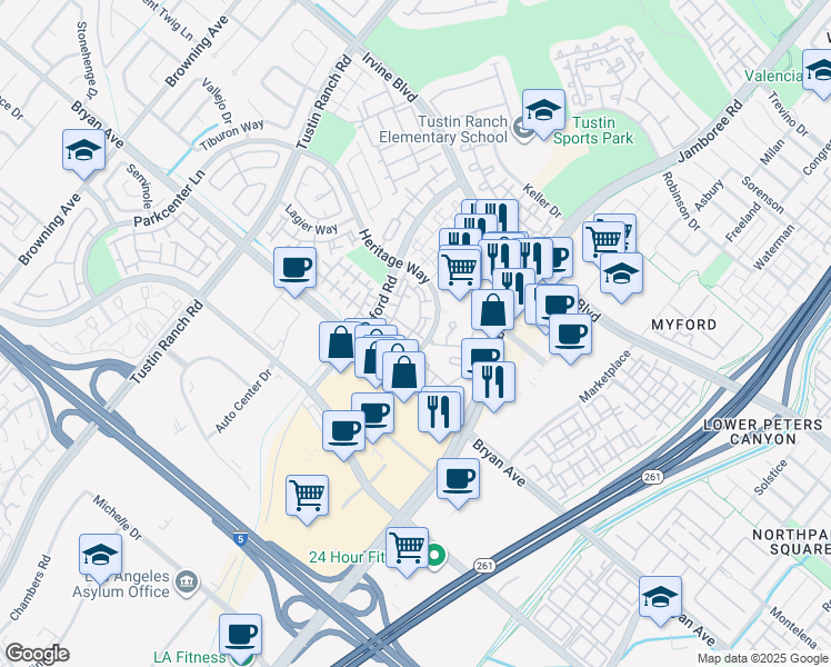 map of restaurants, bars, coffee shops, grocery stores, and more near 13410 Savanna in Tustin