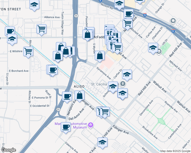 map of restaurants, bars, coffee shops, grocery stores, and more near 14802 Newport Avenue in Tustin