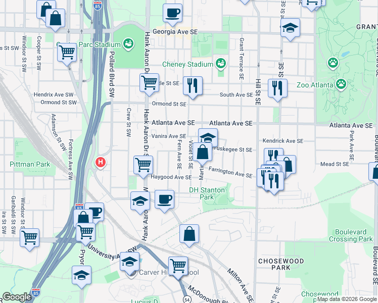 map of restaurants, bars, coffee shops, grocery stores, and more near 955 Violet Street Southeast in Atlanta