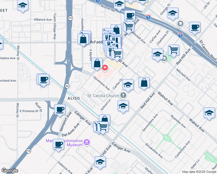 map of restaurants, bars, coffee shops, grocery stores, and more near 14691 Del Amo Avenue in Tustin