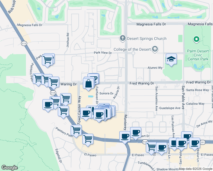 map of restaurants, bars, coffee shops, grocery stores, and more near 72855 Fred Waring Drive in Palm Desert