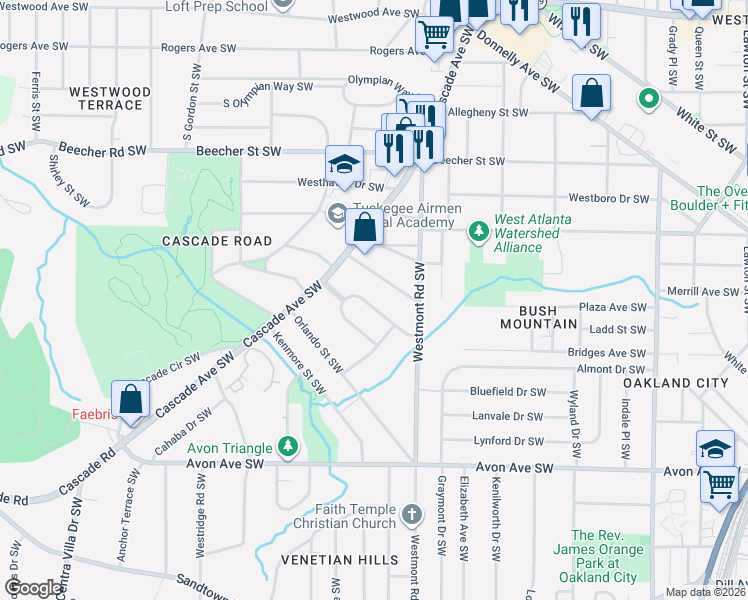 map of restaurants, bars, coffee shops, grocery stores, and more near 1579 Mayflower Avenue Southwest in Atlanta