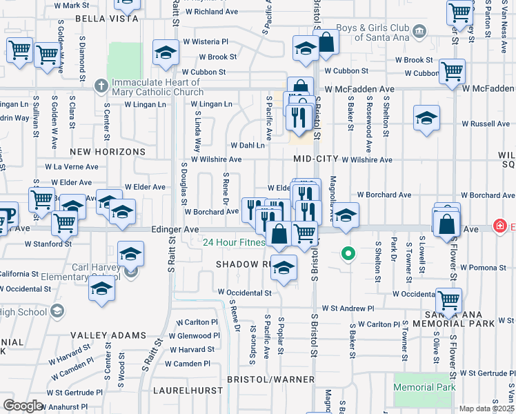 map of restaurants, bars, coffee shops, grocery stores, and more near 1431 West Borchard Avenue in Santa Ana