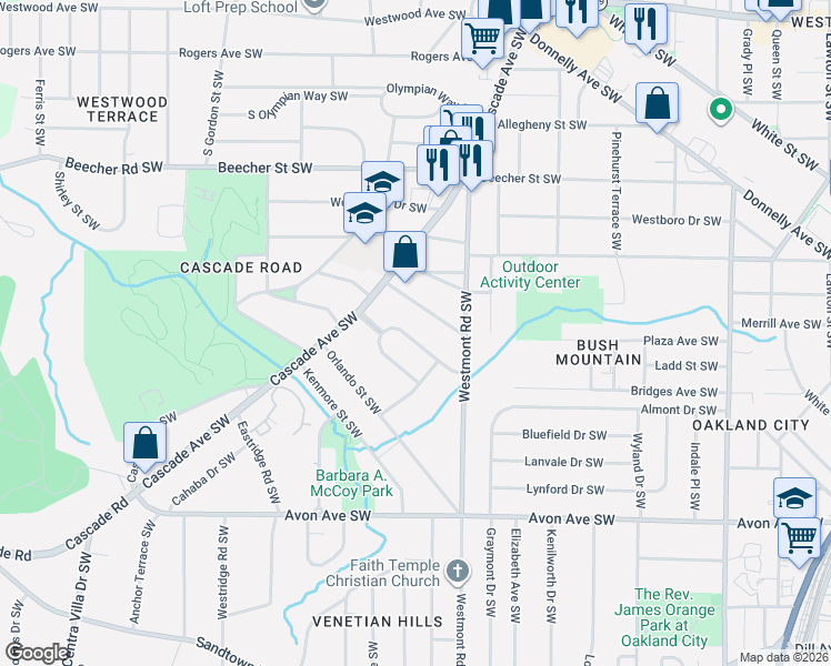 map of restaurants, bars, coffee shops, grocery stores, and more near 1568 Pineview Terrace Southwest in Atlanta