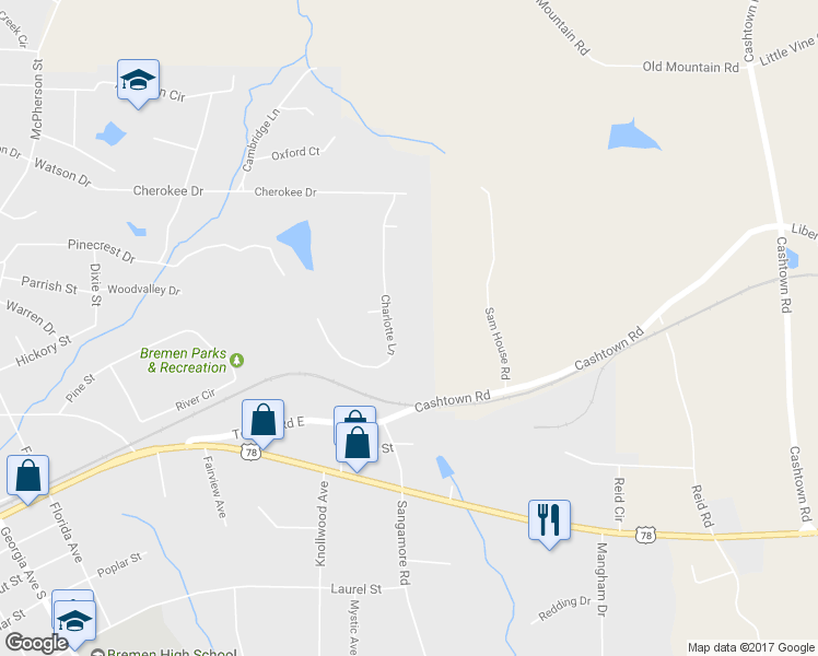map of restaurants, bars, coffee shops, grocery stores, and more near 711 Charlotte Lane in Bremen