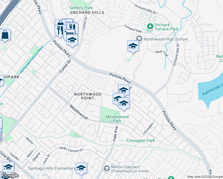 map of restaurants, bars, coffee shops, grocery stores, and more near 210 Timberwood in Irvine