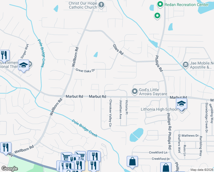 map of restaurants, bars, coffee shops, grocery stores, and more near 2048 Lown Farm Trail in Lithonia