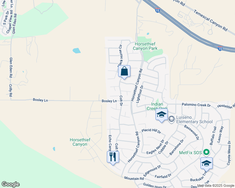 map of restaurants, bars, coffee shops, grocery stores, and more near 13106 Thicket Place in Corona