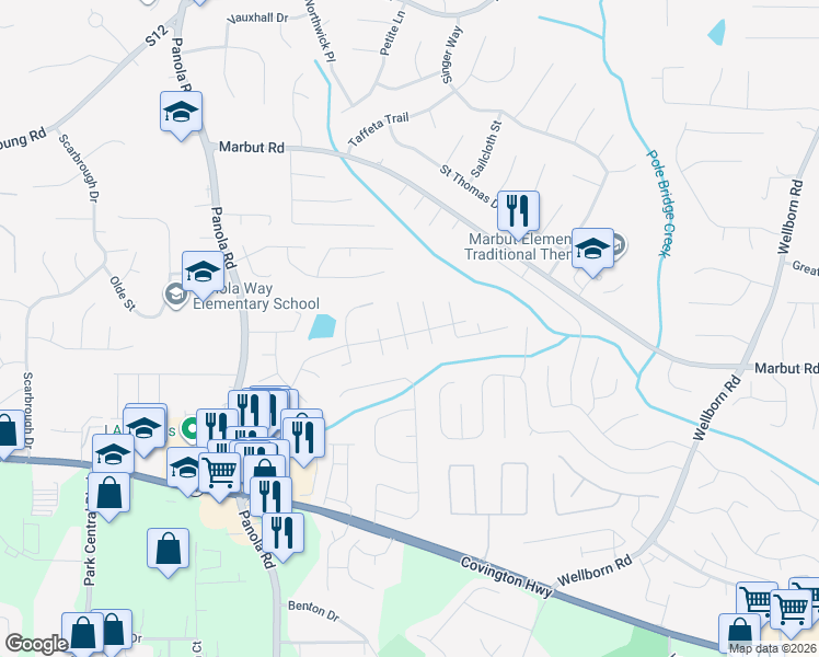 map of restaurants, bars, coffee shops, grocery stores, and more near 5604 Mallard Trail in Lithonia