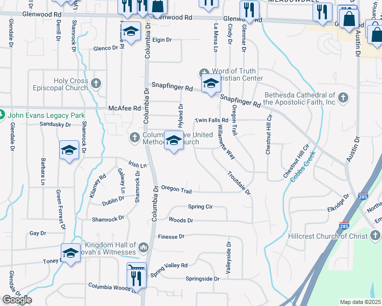 map of restaurants, bars, coffee shops, grocery stores, and more near 2071 Twin Falls Road in Decatur