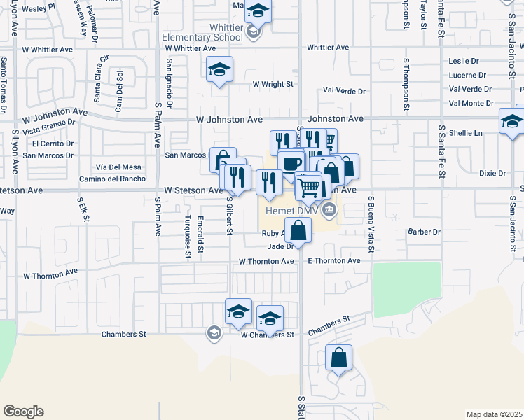 map of restaurants, bars, coffee shops, grocery stores, and more near 1158 Sapphire Place in Hemet