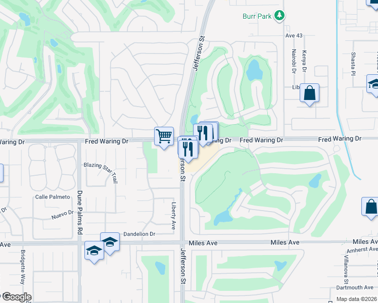 map of restaurants, bars, coffee shops, grocery stores, and more near 44100 Jefferson Street in Indio