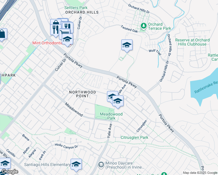 map of restaurants, bars, coffee shops, grocery stores, and more near 1902 Timberwood in Irvine