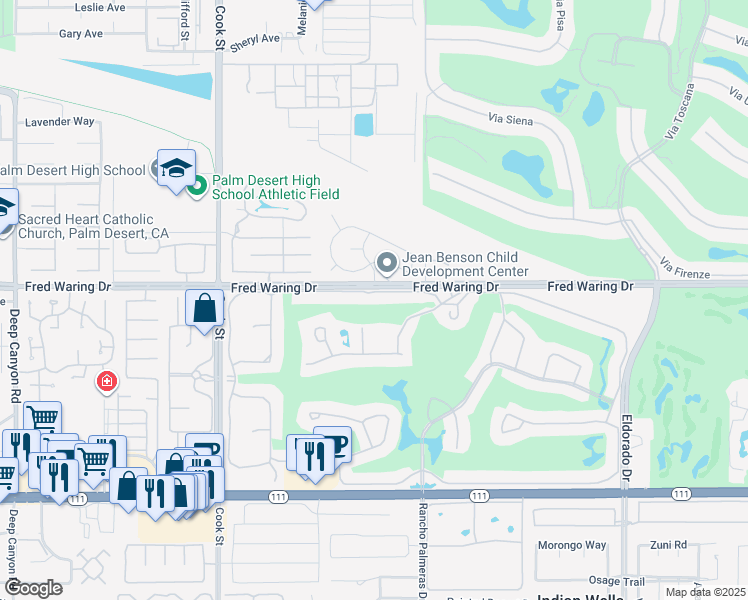 map of restaurants, bars, coffee shops, grocery stores, and more near 75433 Orange Blossom Lane in Palm Desert